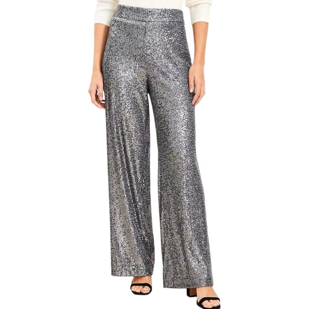 LOFT Silver Sequins High Rise Wide Leg Pants Side Zip Petite 10P Holiday Party